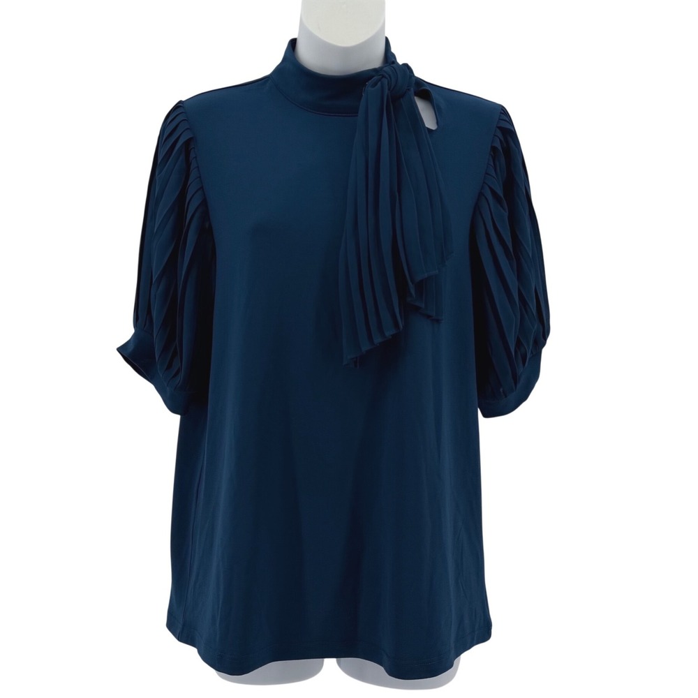 Cable & Gauge Blouse Womens Medium Teal Pleated Puff Sleeve Mock Neck Tie Top